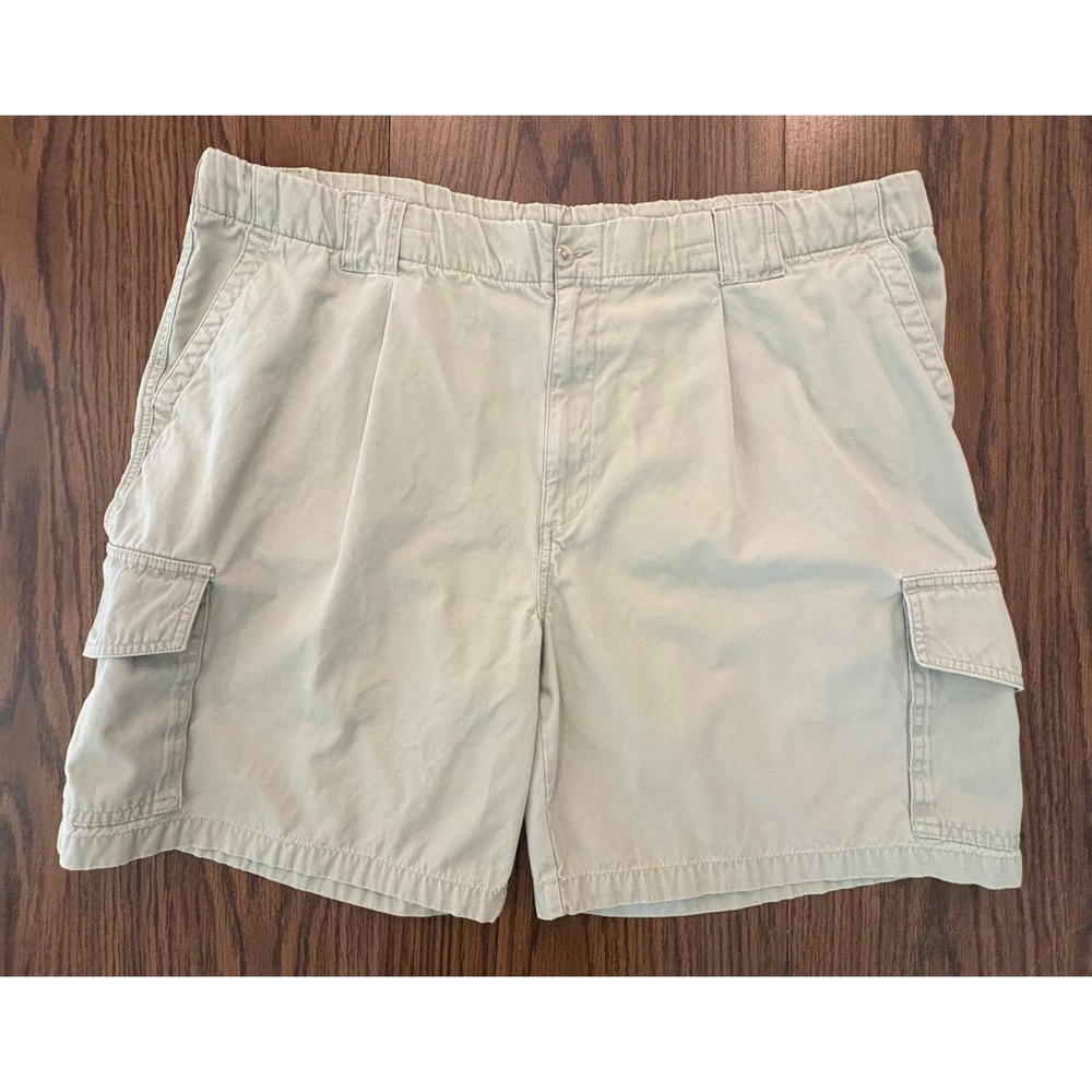 VanHeusen Men Cargo Shorts Size 38 Khaki Tan Cotton Elastic Waist Utility Pocket